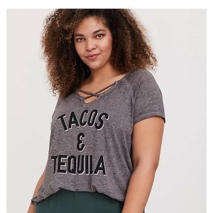 TORRID TACOS & TEQUILA GREY BURNOUT CRISSCROSS TEE SIZE 3